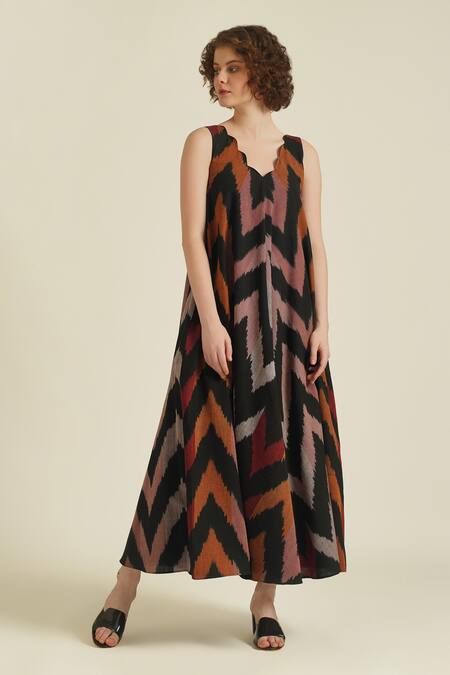 Indigo Dreams_Multi Color Cotton V-neck Royale Xvii Chevron Ikat Pattern Dress_Online_at_Aza_Fashions