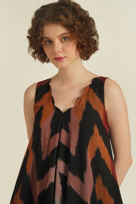 Buy_Indigo Dreams_Multi Color Cotton V-neck Royale Xvii Chevron Ikat Pattern Dress_Online_at_Aza_Fashions