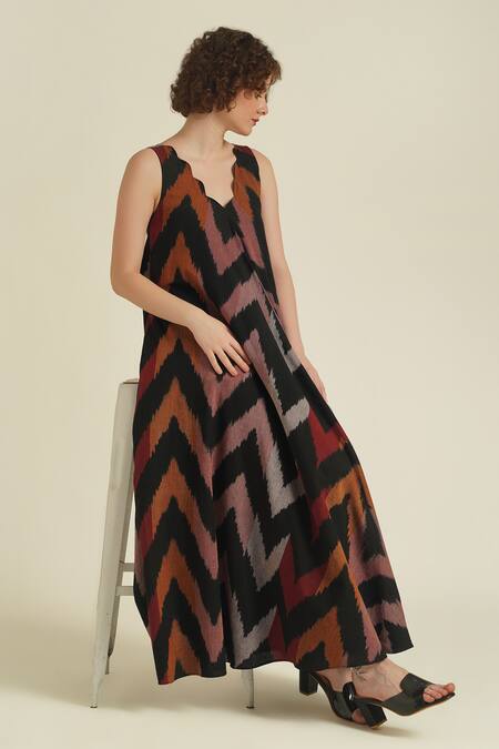 Indigo Dreams_Multi Color Cotton V-neck Royale Xvii Chevron Ikat Pattern Dress_at_Aza_Fashions