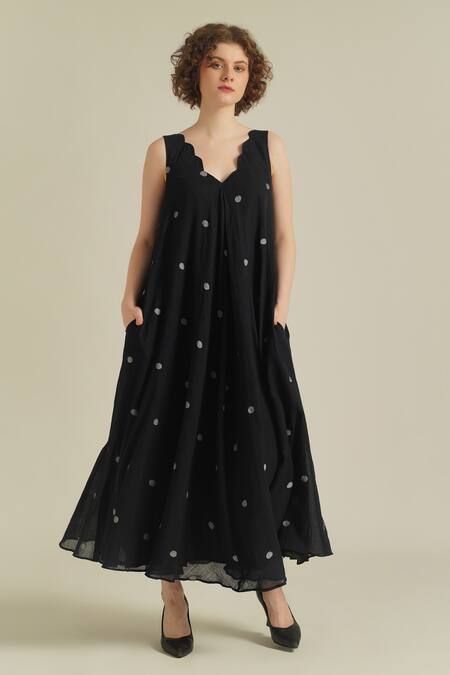 Indigo Dreams_Black Cotton V-neck Royale Xix Jamdani Woven Dress_Online_at_Aza_Fashions