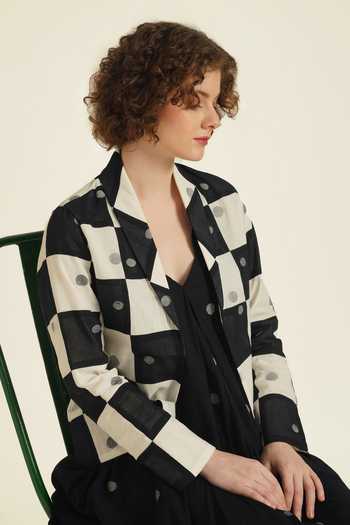Shop_Indigo Dreams_Ivory Cotton Embroidery V-neck, Shawl Royale Xx Jamdani Woven Dress And Jacket Set_Online_at_Aza_Fashions