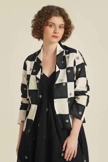Indigo Dreams_Ivory Cotton Embroidery V-neck, Shawl Royale Xx Jamdani Woven Dress And Jacket Set_at_Aza_Fashions