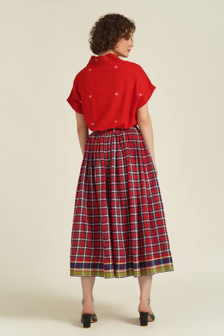 Shop_Indigo Dreams_Red Cotton Embroidery V-neck Royale Xxiii Woven Top And Skirt Set_at_Aza_Fashions