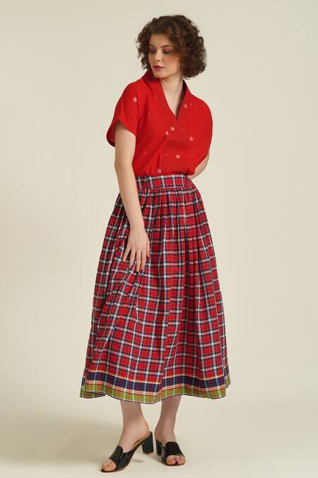 Indigo Dreams Red Cotton Embroidery V-neck Royale Xxiii Woven Top And Skirt Set Online at Aza Fashions Indigo Dreams_Red Cotton Embroidery V-neck Royale Xxiii Woven Top And Skirt Set_Online_at_Aza_Fashions