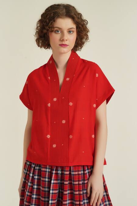 Buy_Indigo Dreams_Red Cotton Embroidery V-neck Royale Xxiii Woven Top And Skirt Set_Online_at_Aza_Fashions