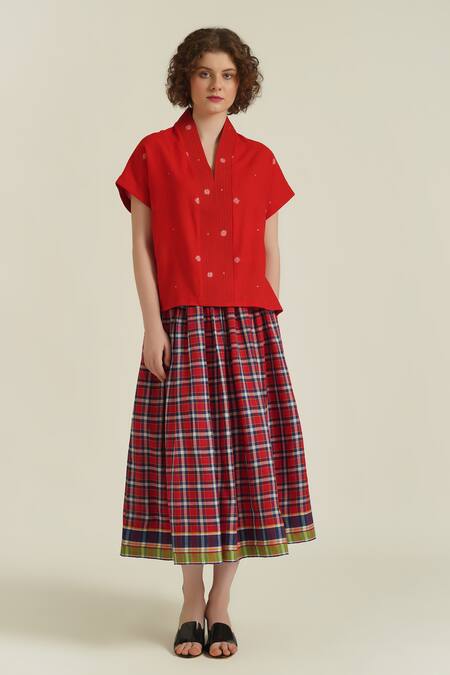 Shop_Indigo Dreams_Red Cotton Embroidery V-neck Royale Xxiii Woven Top And Skirt Set_Online_at_Aza_Fashions