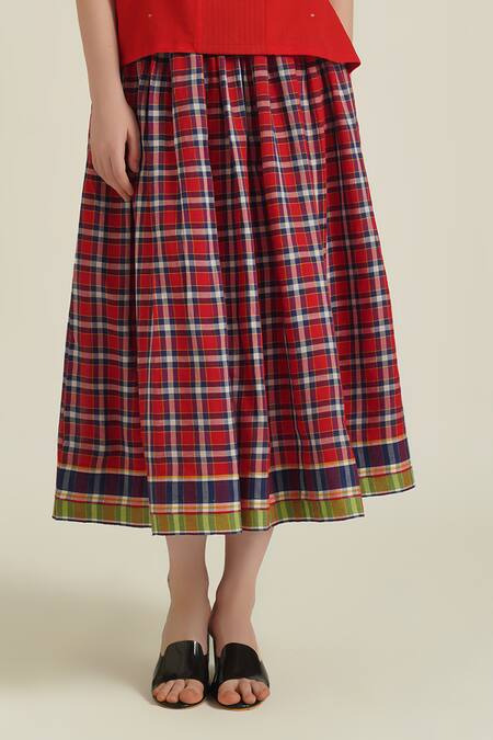 Indigo Dreams Red Cotton Embroidery V-neck Royale Xxiii Woven Top And Skirt Set at Aza Fashions Indigo Dreams_Red Cotton Embroidery V-neck Royale Xxiii Woven Top And Skirt Set_at_Aza_Fashions