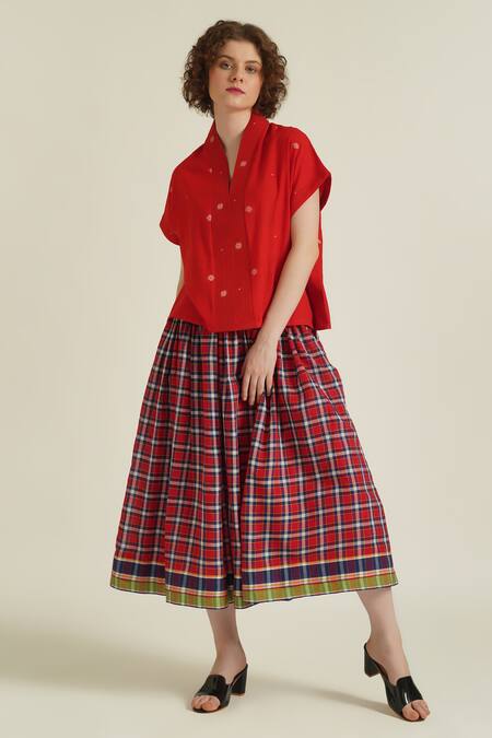 Buy_Indigo Dreams_Red Cotton Embroidery V-neck Royale Xxiii Woven Top And Skirt Set