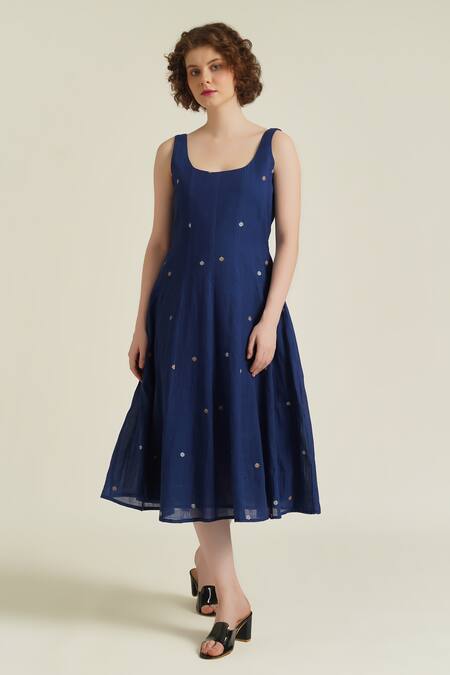 Buy Indigo Dreams Blue Cotton Round Neck Royale Xxiv Jamdani Woven Dress at Aza Fashions Buy_Indigo Dreams_Blue Cotton Round Neck Royale Xxiv Jamdani Woven Dress_at_Aza_Fashions