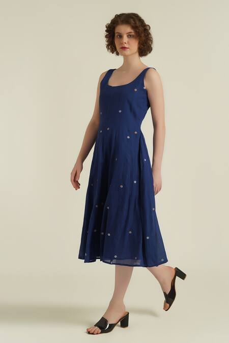 Indigo Dreams_Blue Cotton Round Neck Royale Xxiv Jamdani Woven Dress_Online_at_Aza_Fashions