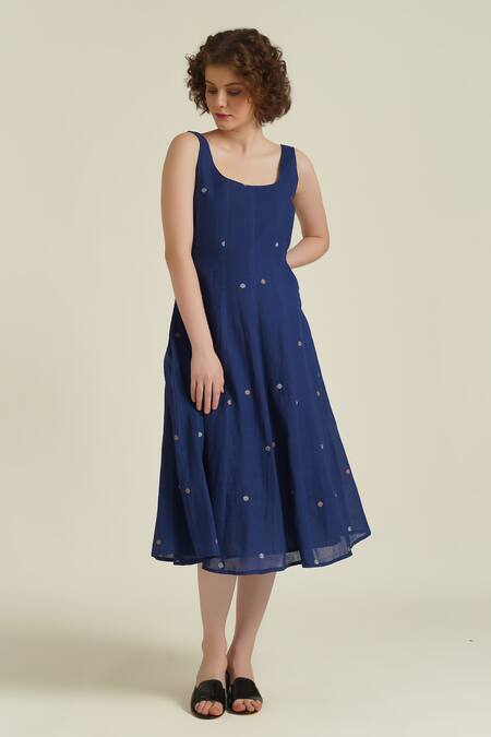 Buy_Indigo Dreams_Blue Cotton Round Neck Royale Xxiv Jamdani Woven Dress_Online_at_Aza_Fashions