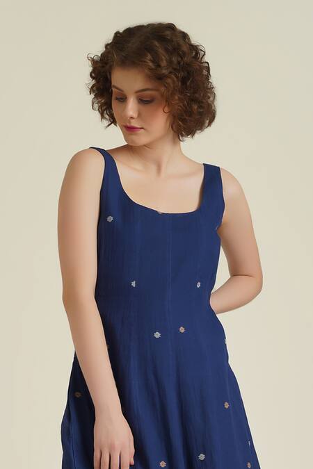 Shop Indigo Dreams Blue Cotton Round Neck Royale Xxiv Jamdani Woven Dress Online at Aza Fashions Shop_Indigo Dreams_Blue Cotton Round Neck Royale Xxiv Jamdani Woven Dress_Online_at_Aza_Fashions