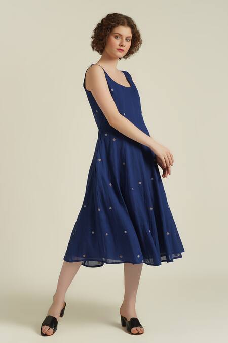 Buy_Indigo Dreams_Blue Cotton Round Neck Royale Xxiv Jamdani Woven Dress