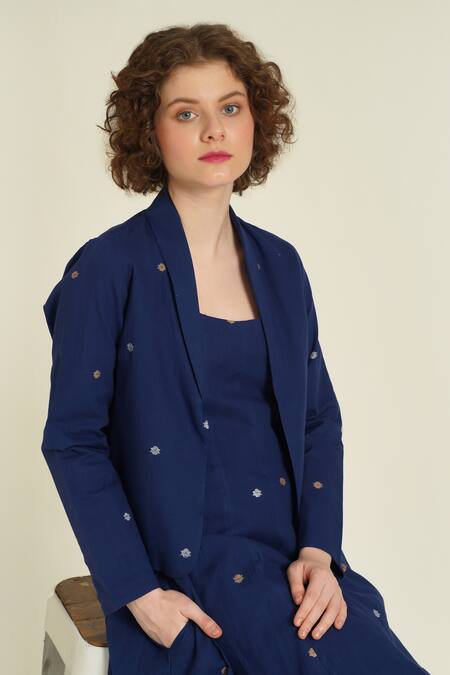 Indigo Dreams_Blue Cotton Embroidery Round Neck Royale Xxiv Jamdani Woven Dress And Jacket Set_Online_at_Aza_Fashions