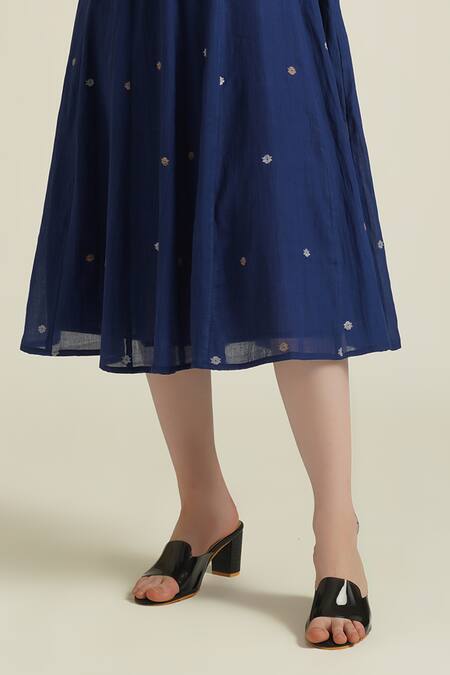 Buy_Indigo Dreams_Blue Cotton Embroidery Round Neck Royale Xxiv Jamdani Woven Dress And Jacket Set_Online_at_Aza_Fashions