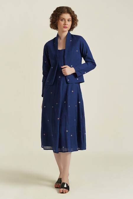 Shop_Indigo Dreams_Blue Cotton Embroidery Round Neck Royale Xxiv Jamdani Woven Dress And Jacket Set_Online_at_Aza_Fashions