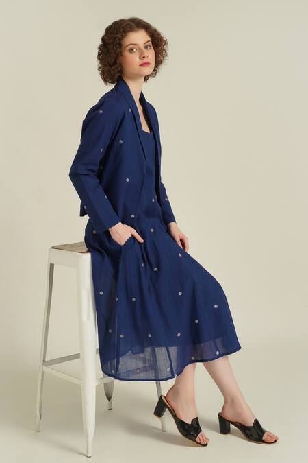 Indigo Dreams_Blue Cotton Embroidery Round Neck Royale Xxiv Jamdani Woven Dress And Jacket Set_at_Aza_Fashions