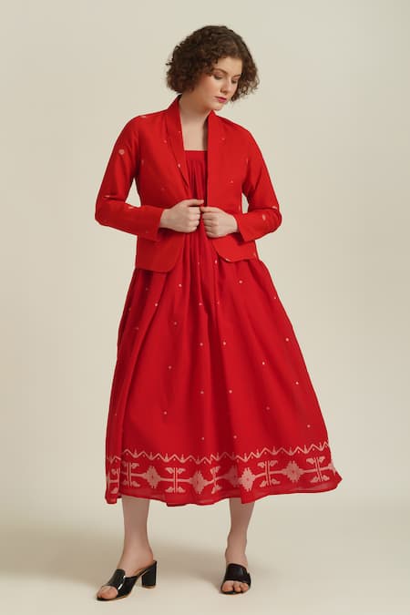 Indigo Dreams Red 100% Cotton Handwoven Jamdani Royale Xxvii And Jacket Set 