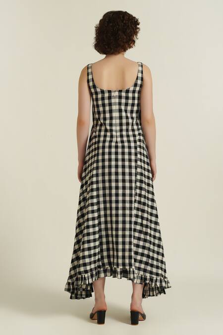 Shop_Indigo Dreams_Ivory Cotton Fringe Round Neck Royale Xxx Checkered Woven Dress_at_Aza_Fashions