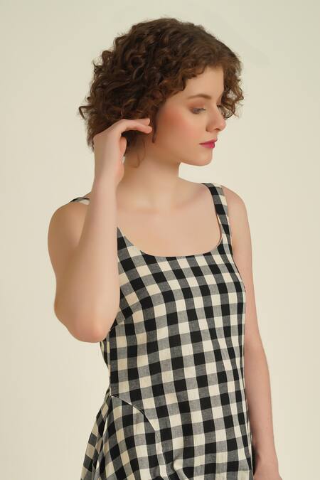 Indigo Dreams_Ivory Cotton Fringe Round Neck Royale Xxx Checkered Woven Dress_Online_at_Aza_Fashions