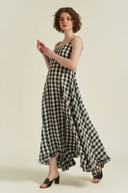 Buy_Indigo Dreams_Ivory Cotton Fringe Round Neck Royale Xxx Checkered Woven Dress_Online_at_Aza_Fashions