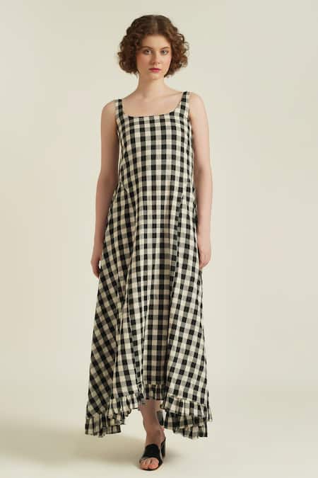 Shop_Indigo Dreams_Ivory Cotton Fringe Round Neck Royale Xxx Checkered Woven Dress_Online_at_Aza_Fashions