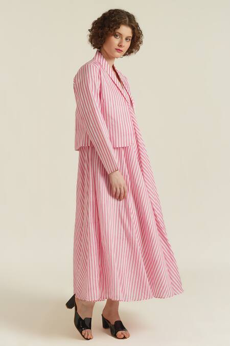 Indigo Dreams_Pink Cotton V-, Shawl Royale Xxxii Block Print Dress And Jacket Set_Online_at_Aza_Fashions