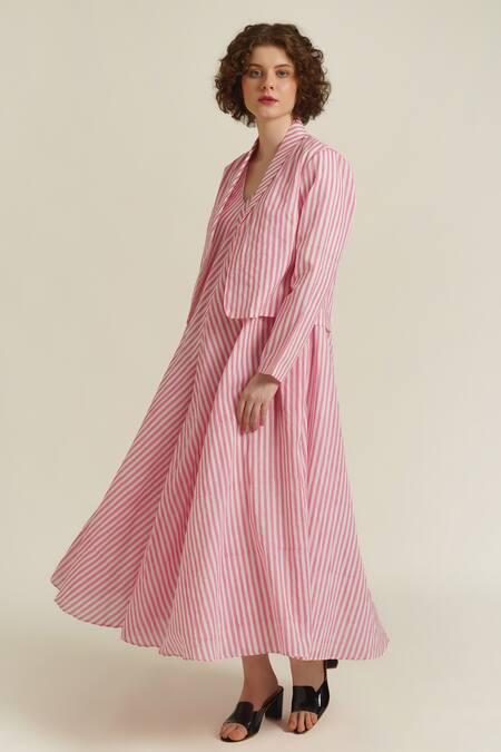 Buy_Indigo Dreams_Pink Cotton V-, Shawl Royale Xxxii Block Print Dress And Jacket Set_Online_at_Aza_Fashions