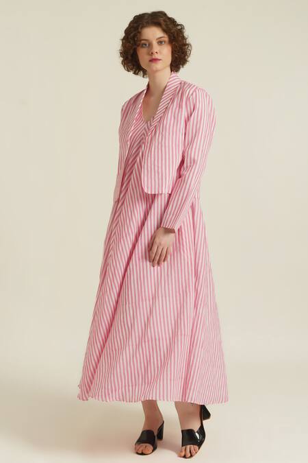 Shop_Indigo Dreams_Pink Cotton V-, Shawl Royale Xxxii Block Print Dress And Jacket Set_Online_at_Aza_Fashions