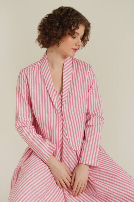 Indigo Dreams_Pink Cotton V-, Shawl Royale Xxxii Block Print Dress And Jacket Set_at_Aza_Fashions