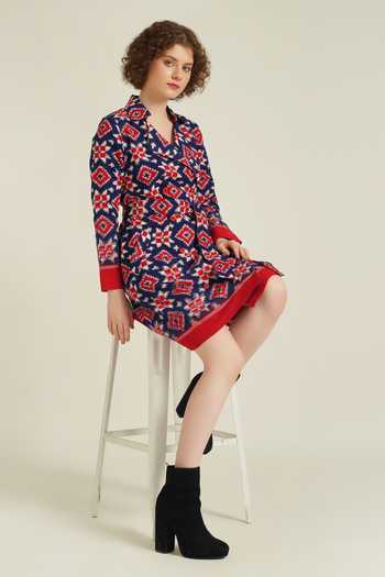 Indigo Dreams_Red Cotton Collared Royale Xxxiii Telia Rumal Woven Dress_Online_at_Aza_Fashions
