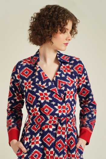 Buy_Indigo Dreams_Red Cotton Collared Royale Xxxiii Telia Rumal Woven Dress_Online_at_Aza_Fashions