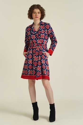 Shop_Indigo Dreams_Red Cotton Collared Royale Xxxiii Telia Rumal Woven Dress_Online_at_Aza_Fashions