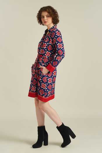 Indigo Dreams_Red Cotton Collared Royale Xxxiii Telia Rumal Woven Dress_at_Aza_Fashions