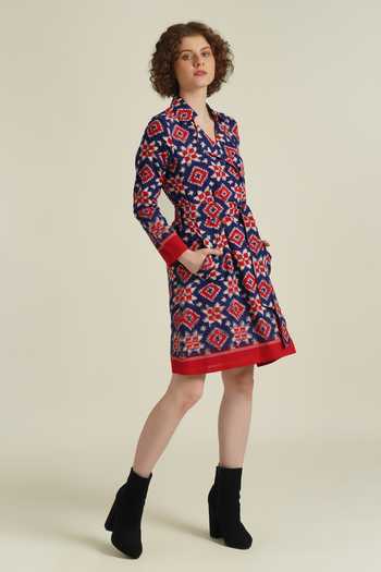 Buy_Indigo Dreams_Red Cotton Collared Royale Xxxiii Telia Rumal Woven Dress