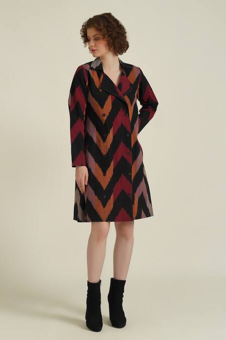 Buy_Indigo Dreams_Multi Color Cotton Collared Royale Xxxiv Chevron Ikat Pattern Dress_Online_at_Aza_Fashions