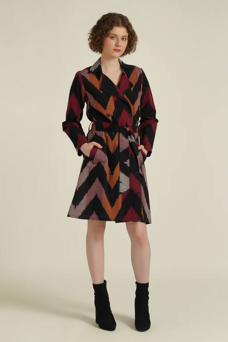 Shop_Indigo Dreams_Multi Color Cotton Collared Royale Xxxiv Chevron Ikat Pattern Dress_Online_at_Aza_Fashions