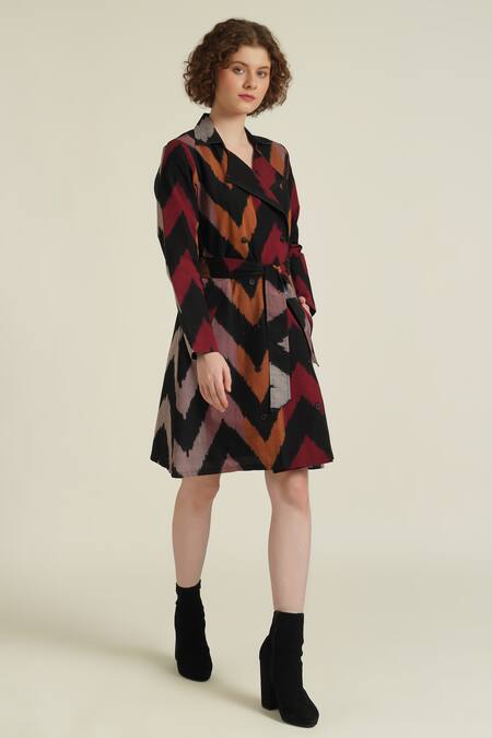 Indigo Dreams_Multi Color Cotton Collared Royale Xxxiv Chevron Ikat Pattern Dress_at_Aza_Fashions