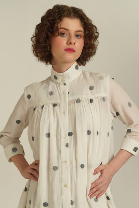 Indigo Dreams_Ivory Cotton High Neck Royale Xxxvii Polka Dot Pattern Dress_Online_at_Aza_Fashions