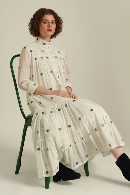 Buy_Indigo Dreams_Ivory Cotton High Neck Royale Xxxvii Polka Dot Pattern Dress_Online_at_Aza_Fashions