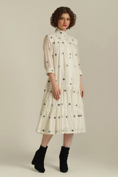 Shop_Indigo Dreams_Ivory Cotton High Neck Royale Xxxvii Polka Dot Pattern Dress_Online_at_Aza_Fashions