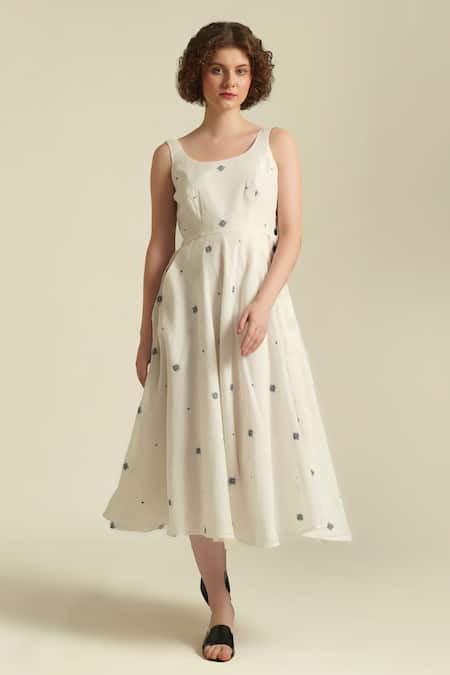 Indigo Dreams Ivory Cotton Round Neck Royale Xlii Jamdani Woven Dress 