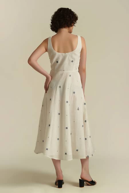 Shop_Indigo Dreams_Ivory Cotton Round Neck Royale Xlii Jamdani Woven Dress _at_Aza_Fashions