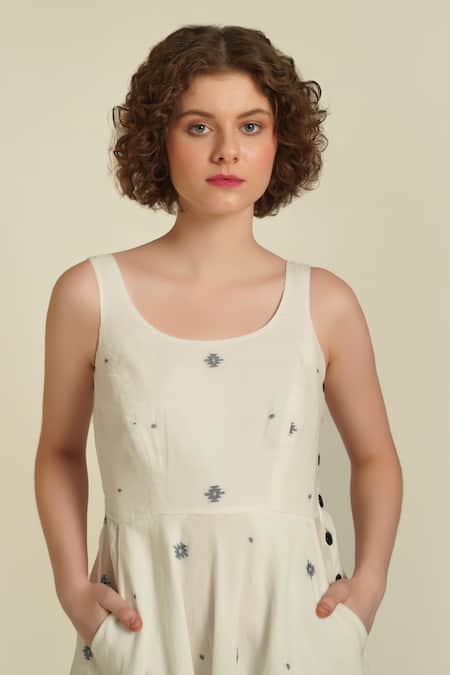 Indigo Dreams_Ivory Cotton Round Neck Royale Xlii Jamdani Woven Dress _Online_at_Aza_Fashions