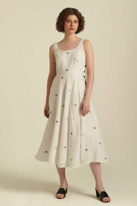 Shop_Indigo Dreams_Ivory Cotton Round Neck Royale Xlii Jamdani Woven Dress _Online_at_Aza_Fashions