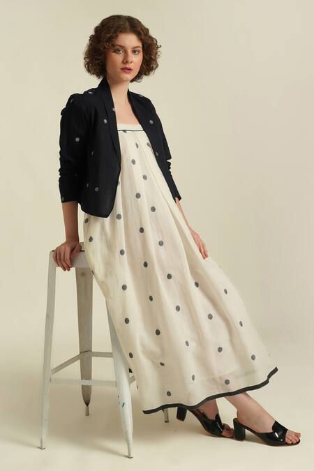 Indigo Dreams_Ivory Cotton Embroidery Square Royale Xliv Woven Pleated Dress And Jacket Set_Online_at_Aza_Fashions