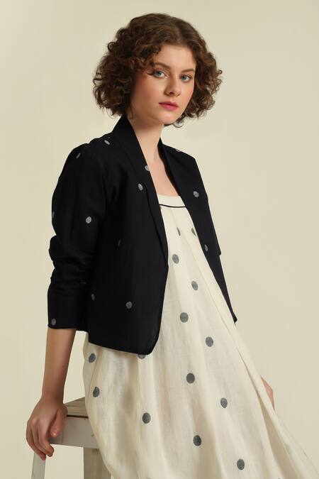 Buy_Indigo Dreams_Ivory Cotton Embroidery Square Royale Xliv Woven Pleated Dress And Jacket Set_Online_at_Aza_Fashions