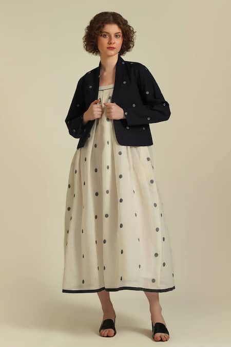 Shop_Indigo Dreams_Ivory Cotton Embroidery Square Royale Xliv Woven Pleated Dress And Jacket Set_Online_at_Aza_Fashions