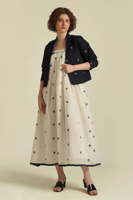Indigo Dreams_Ivory Cotton Embroidery Square Royale Xliv Woven Pleated Dress And Jacket Set_at_Aza_Fashions