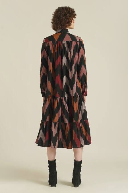 Shop Indigo Dreams Multi Color Cotton High Neck Royale Ii Handwoven Ikat Tiered Shirt Dress at Aza Fashions Shop_Indigo Dreams_Multi Color Cotton High Neck Royale Ii Handwoven Ikat Tiered Shirt Dress_at_Aza_Fashions